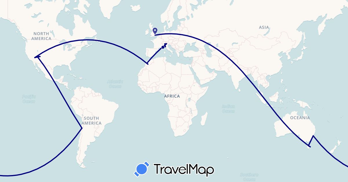 TravelMap itinerary: driving in Australia, Chile, France, United Kingdom, Italy, Morocco, Monaco, United States (Africa, Europe, North America, Oceania, South America)